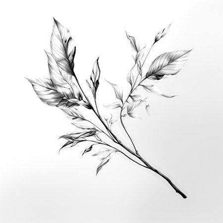 Black and white illustration of decorative tree branch with leaves. in sketch, ink style. Made with Generative AIの素材