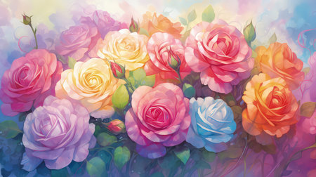 Background with colorful rainbow roses. Romantic, prismatic illustration. Made with Generative AIの素材