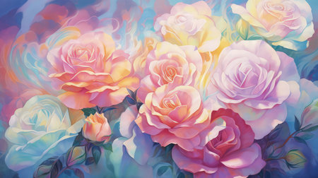 Background with colorful rainbow roses. Romantic, prismatic illustration. Made with Generative AIの素材