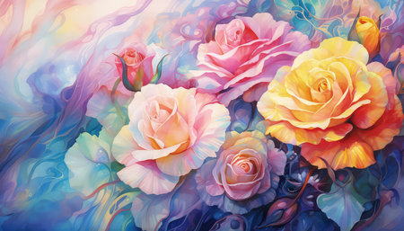 Background with colorful rainbow roses. Romantic, prismatic illustration. Made with Generative AIの素材