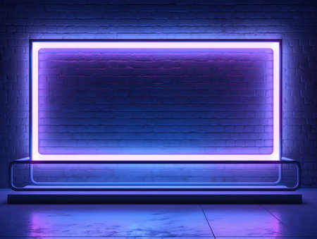 Blue, violet and pink glowing neon frame on a brick wall. Modern, trending billboard mockup. Made with Generative AIの素材