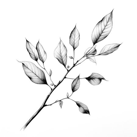 Black and white illustration of decorative tree branch with leaves. in sketch, ink style. Made with Generative AIの素材