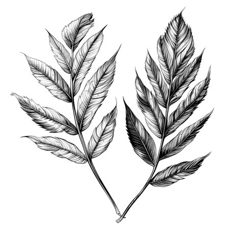 Black and white illustration of decorative tree branch with leaves. in sketch, ink style. Made with Generative AIの素材