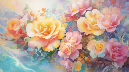 Background with colorful rainbow roses. Romantic, prismatic illustration. Made with Generative AIの素材