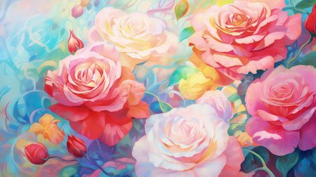 Background with colorful rainbow roses. Romantic, prismatic illustration. Made with Generative AIの素材