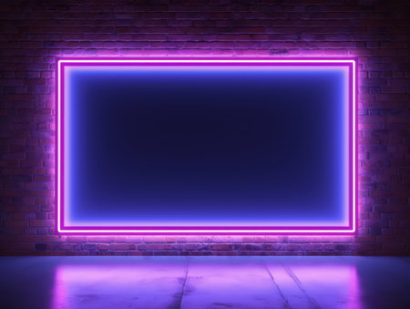 Blue, violet and pink glowing neon frame on a brick wall. Modern, trending billboard mockup. Made with Generative AIの素材