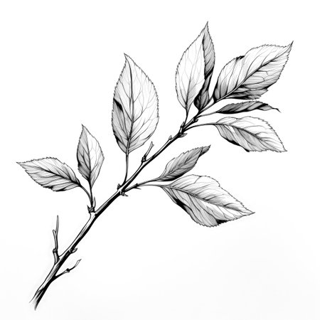 Black and white illustration of decorative tree branch with leaves. in sketch, ink style. Made with Generative AIの素材