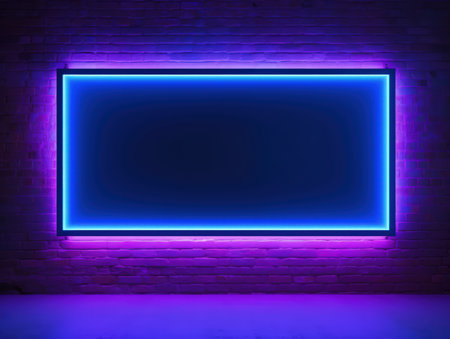 Blue, violet and pink glowing neon frame on a brick wall. Modern, trending billboard mockup. Made with Generative AIの素材