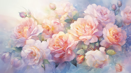 Background with colorful rainbow roses. Romantic, prismatic illustration. Made with Generative AIの素材