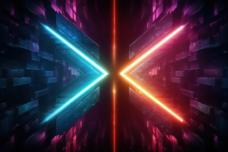 Arrows and geometrical shapes shining with neon lights. Abstract background with vibrant gradients. Made with Generative AIの素材