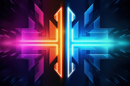 Arrows and geometrical shapes shining with neon lights. Abstract background with vibrant gradients. Made with Generative AIの素材