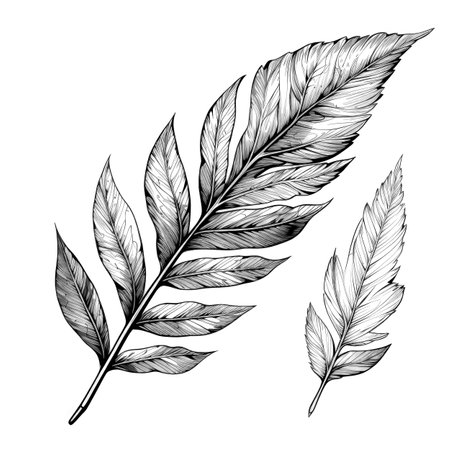 Black and white illustration of decorative tree branch with leaves. in sketch, ink style. Made with Generative AIの素材