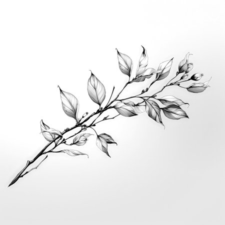Black and white illustration of decorative tree branch with leaves. in sketch, ink style. Made with Generative AIの素材