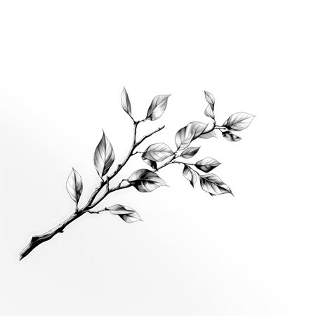 Black and white illustration of decorative tree branch with leaves. in sketch, ink style. Made with Generative AIの素材
