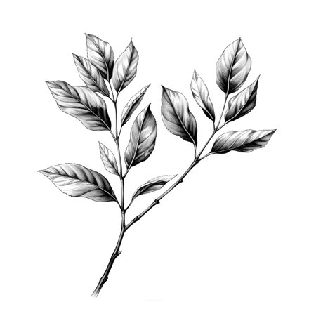 Black and white illustration of decorative tree branch with leaves. in sketch, ink style. Made with Generative AIの素材