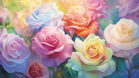 Background with colorful rainbow roses. Romantic, prismatic illustration. Made with Generative AIの素材