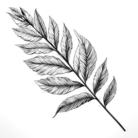 Black and white illustration of decorative tree branch with leaves. in sketch, ink style. Made with Generative AIの素材