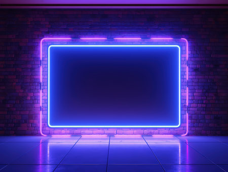 Blue, violet and pink glowing neon frame on a brick wall. Modern, trending billboard mockup. Made with Generative AIの素材