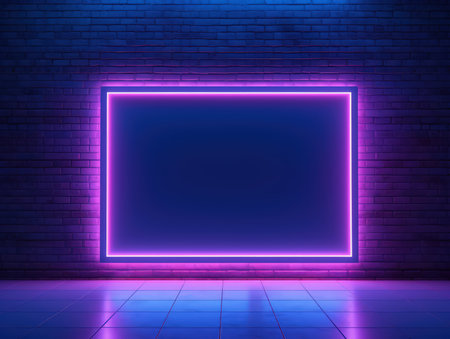 Blue, violet and pink glowing neon frame on a brick wall. Modern, trending billboard mockup. Made with Generative AIの素材