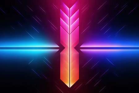 Arrows and geometrical shapes shining with neon lights. Abstract background with vibrant gradients. Made with Generative AIの素材