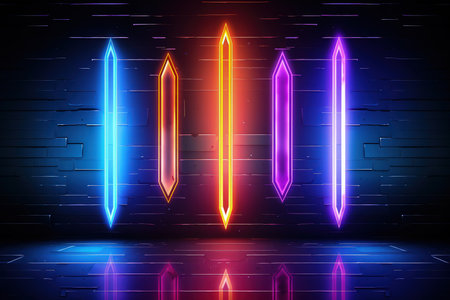 Arrows and geometrical shapes shining with neon lights. Abstract background with vibrant gradients. Made with Generative AIの素材