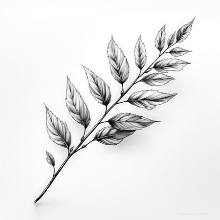 Black and white illustration of decorative tree branch with leaves. in sketch, ink style. Made with Generative AIの素材