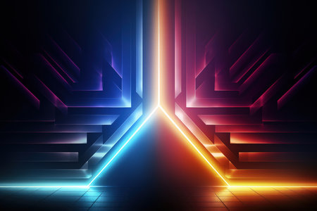 Arrows and geometrical shapes shining with neon lights. Abstract background with vibrant gradients. Made with Generative AIの素材