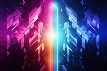 Arrows and geometrical shapes shining with neon lights. Abstract background with vibrant gradients. Made with Generative AIの素材