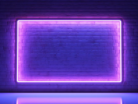 Blue, violet and pink glowing neon frame on a brick wall. Modern, trending billboard mockup. Made with Generative AIの素材