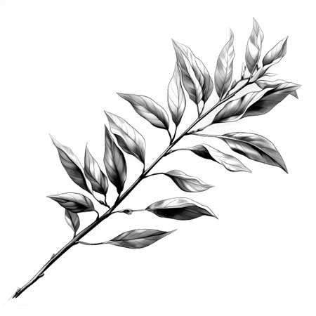 Black and white illustration of decorative tree branch with leaves. in sketch, ink style. Made with Generative AIの素材