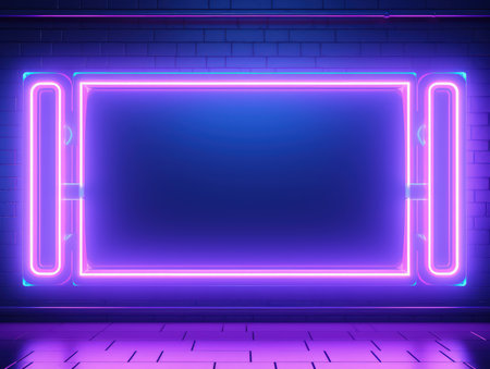Blue, violet and pink glowing neon frame on a brick wall. Modern, trending billboard mockup. Made with Generative AIの素材