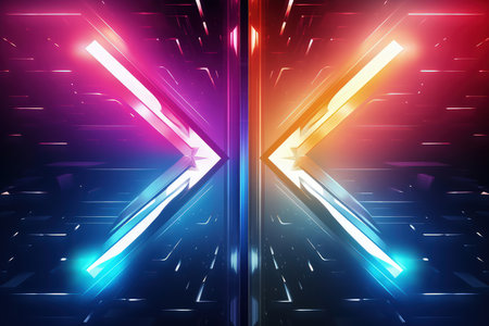 Arrows and geometrical shapes shining with neon lights. Abstract background with vibrant gradients. Made with Generative AIの素材