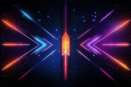 Arrows and geometrical shapes shining with neon lights. Abstract background with vibrant gradients. Made with Generative AIの素材