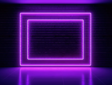 Blue, violet and pink glowing neon frame on a brick wall. Modern, trending billboard mockup. Made with Generative AIの素材
