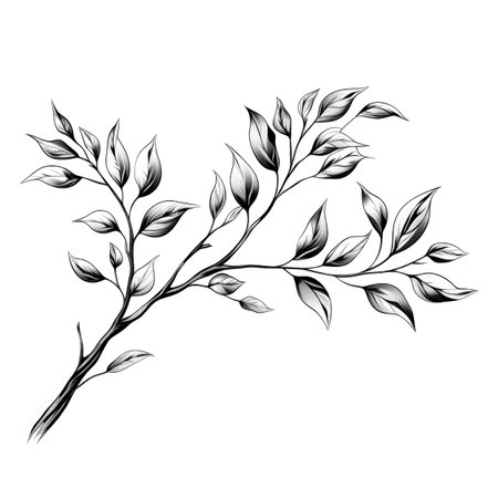 Black and white illustration of decorative tree branch with leaves. in sketch, ink style. Made with Generative AIの素材