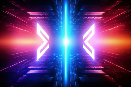 Arrows and geometrical shapes shining with neon lights. Abstract background with vibrant gradients. Made with Generative AIの素材