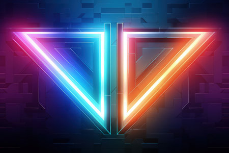 Arrows and geometrical shapes shining with neon lights. Abstract background with vibrant gradients. Made with Generative AIの素材