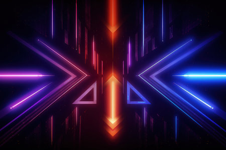 Arrows and geometrical shapes shining with neon lights. Abstract background with vibrant gradients. Made with Generative AIの素材