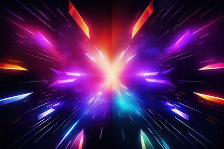 Arrows and geometrical shapes shining with neon lights. Abstract background with vibrant gradients. Made with Generative AIの素材