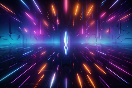 Arrows and geometrical shapes shining with neon lights. Abstract background with vibrant gradients. Made with Generative AIの素材