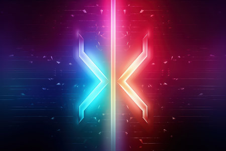 Arrows and geometrical shapes shining with neon lights. Abstract background with vibrant gradients. Made with Generative AIの素材