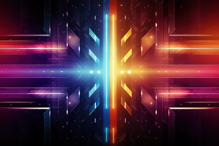 Arrows and geometrical shapes shining with neon lights. Abstract background with vibrant gradients. Made with Generative AIの素材