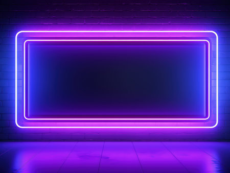Blue, violet and pink glowing neon frame on a brick wall. Modern, trending billboard mockup. Made with Generative AIの素材