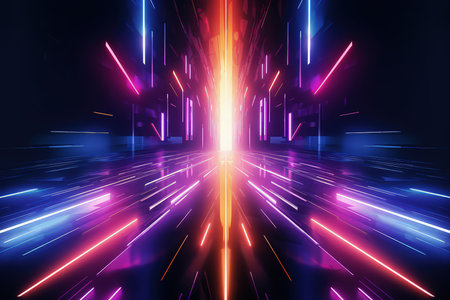 Arrows and geometrical shapes shining with neon lights. Abstract background with vibrant gradients. Made with Generative AIの素材