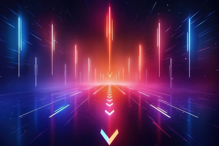Arrows and geometrical shapes shining with neon lights. Abstract background with vibrant gradients. Made with Generative AIの素材