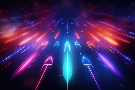 Arrows and geometrical shapes shining with neon lights. Abstract background with vibrant gradients. Made with Generative AIの素材