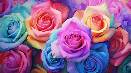 Background with colorful rainbow roses. Romantic, prismatic illustration. Made with Generative AIの素材