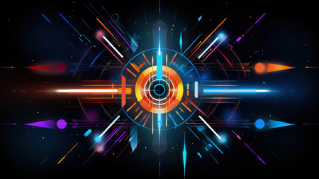 Edgy colorful neon design arrows, circles and geometrical shapes. Abstract modern background with vibrant gradients. Made with Generative AIの素材