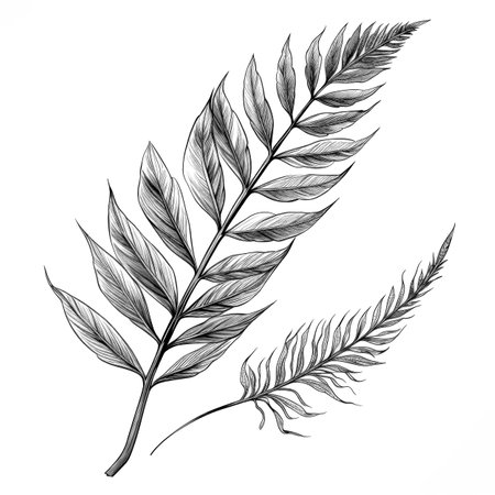 Black and white illustration of decorative tree branch with leaves. in sketch, ink style. Made with Generative AIの素材