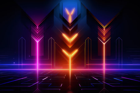 Arrows and geometrical shapes shining with neon lights. Abstract background with vibrant gradients. Made with Generative AIの素材